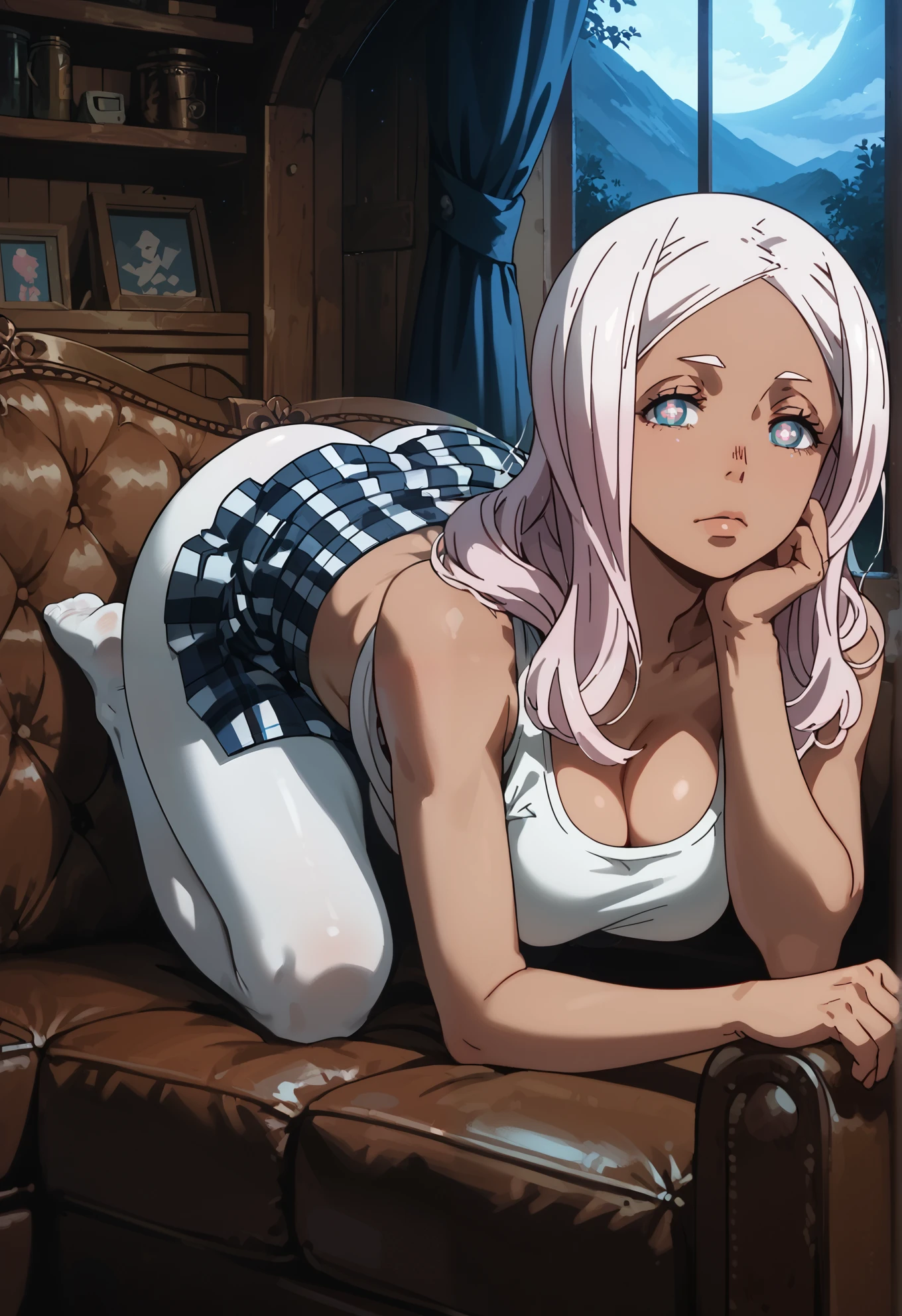 1girl, 4k, Hibana, dark skin, long hair, dark skin, symbol-shaped pupils, naturally sagging large breasts, crop top, checkered skirt, white pantyhose, BREAK, mountain cottage, lying on a couch, ass up, sexy pose, BREAK, night time, cinematic lighting,