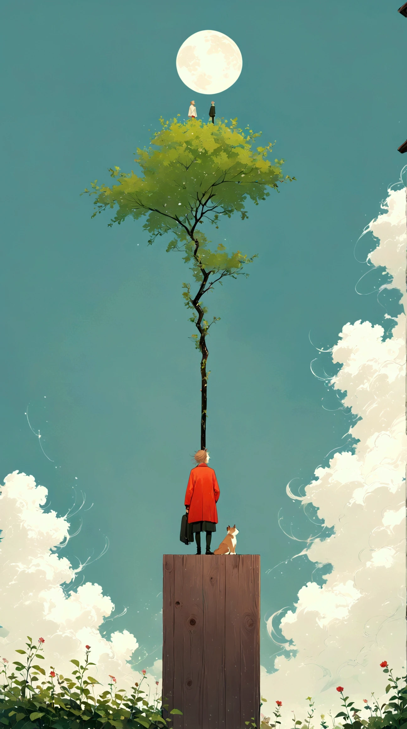 style of santiago caruso，In the style of Alessandro Gottardo【Flat coating】- ((best quality)), illustration, Ewa Poklewska-Koziełło in style of Mike Azevedo，Cartoon graffiti ， standing on a wooden stake looking into the distance，White Cloud，Fear of heights，whole body, Solid color background