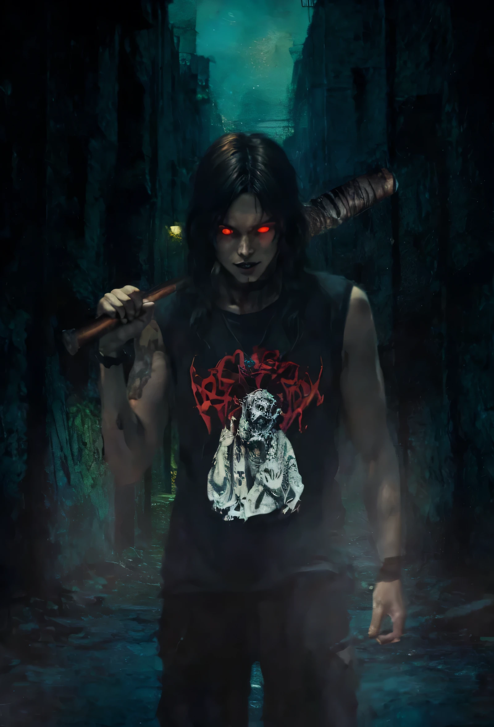 horror art, dread, unity 8k wallpaper, ultra detailed, beautiful and aesthetic, masterpiece, best quality, (zentangle, mandala, tangle, entangle) intricate, highly detailed, artstation, behance, deviantart featured, ((best quality)), ((Masterpiece)), (Highly detailed:1.3), engraved image of a man with a baseball bat in a dark alley, Johnny Silverhand, with leviathan axe, Heavy metal band promotion, heavy metal t-shirt design, witch core, king of hell, male vampire of the banu haqim clan, Inspired by Jorge Jacinto, psychotic killer, official fanart, gothic core, black metal style, Demonic atmosphere, luminous red eyes, detailed eyes, perfect body, hd, on a dark night with a full moon and low light, light fog, (Extremely Detailed CG: 1.3), Depth of Field, Cinematic Lighting, Lens Flare, (Dramatic Atmosphere and sinister: 1.5), (formidable figure: 1.4), standing confidently, (large and imposing frame: 1.1), (very complex and realistic texture: 1.2), (best quality, 4k, 8k, high resolution, Masterpiece:1.2), ultra detailed, (realistic, photorealistic, photo-realistic:1.37),