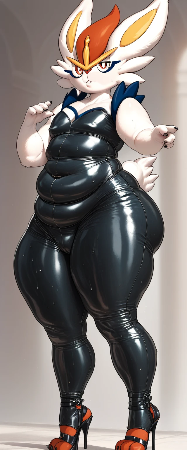 solo focus,fmb,(cinderace,high heels,black latex shorts,very tight outfit,outgrown outfit,skin tight outfit,skintight higheels,paws straining highheels,Cinderace_(Pokemon),Red eyes, male),chubby anthro,(thick thighs:1.5), (furry), detailed fur, solo,naked, , big butt, wide thighs,chubby butt,thick thighs and hips,voluptuous male, tuft, cheek tuft, five fingers, black claws, ,sweaty,white fur,white legs,white fur butt,exposed legs,white fur,eye shadow,lidded eyes,),