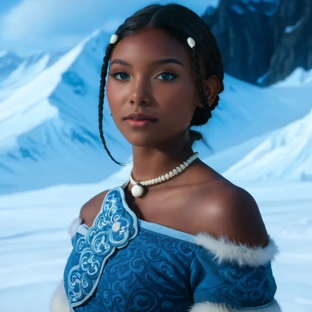 1mulher, (Katara from Avatar The Last Airbender ), ((blue eyes:1.4)), (dark skin:1.6), tools, detail, details, anime, ((home, dot, room, At the North Pole , neve, snow mountains, whether, water, standing))，（(Illustrations, Artgerm ))，（Really, sense of reality：1.4），（ perfect lighting , lententos, artgerm highlighted collar), (collar), ( realistic details), ( realistic photo ), ( perfect body structure ), (( each highly detailed hair)), ((Braids in the front)), (( Long lower braid)), ( perfect face ), (oval face), ( highly detailed face ), ( seductive expression), (Peach breasts), ( heart butt), (( thick thighs)), ((big ass)), (( cleavage)), ((She's sitting around having some tea)), ( detailed background : 1.2), (illustration:1.4), ( masterpiece : 1.4), (master piece, Better quality:1.4), (High definition), (( perfect fingers, better hands, perfect hands, perfect legs , perfect feet)), (symmetrical body and face), (amazing lighting), (3 Renderings), ((Roupa da tribo da água e Vestido de pele)), ((more details, to improve)), ((Opening: f/2.0)), (( depth of field : Average)), ((Angle of 3/4)), ((Spring: grande-angular de 24mm)), (close-up:1.2), (modern and sophisticated custom dot design, UHD), | front view