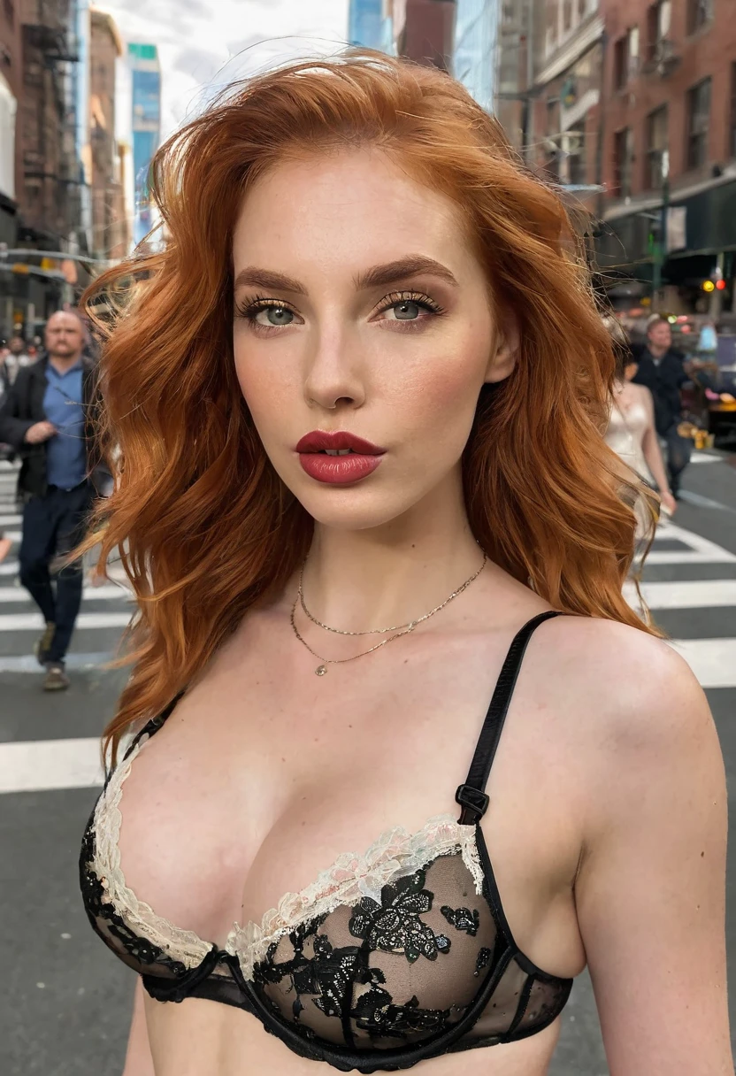 distant photo of a red-haired mature woman, 60 years old, beautiful colour, (wearing bra, long lace sleeves, lacy Lingerie, crown like a princess), Colossal breasts, Perfect skin, 3 bust size, instagram (Realistic, A high resolution),photo size 3:4, 1 cute sexy mature woman, (long hair), large expressive blue eyes, happy, (8K, raw photo, Best quality, High detail, curvaceous forms, Background paris city night views , Lots of peoples and lights night, 