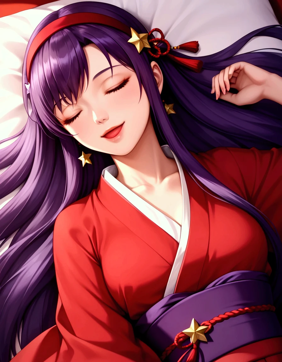 ( bird's-eye view angle where it is floating),  1girl , Let,  very detailed beautiful girl ,  very detailed face ,  Perfect Face,  towards the viewer The nose is accurately formed ,Expressive lips, (Very thin hair), ( Long Hair , purple hair),  red headband, Star-shaped hair ornament, smile, opened mouth,  very detailed skin,  slim,  white and red kimono , Long-sleeved kimono,  wearing clogs, ( is sleeping on her back, Legs are visible ,dynamic), csal_scenery, (( Japanese shrines , Domestic)), ( Movie Scene , best quality  ,  high definition , Detailed hair,  beautiful detail,  very detailed CG), (8k,  best quality  : 1.2),  high definition and beautiful