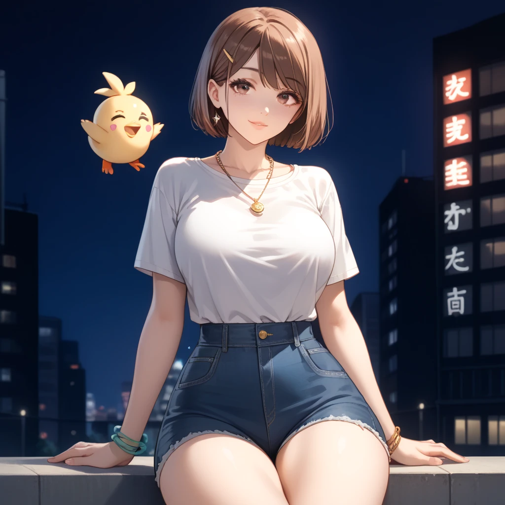 1chica , Alone, Shoko ieiri,  short brown hair,  brown eyes and moles under your eye  , no hair accessory , necklaces and bracelets , Big breasts ,  large hips  ,  small waist and thick thighs  ,  that you are wearing a white shirt and jeans shorts  ,  that you are sitting in a square at night and that in the background you can see the city of Tokyo, High resolution,  The best quality, Detail,  Precise,  high quality, Details altos, 