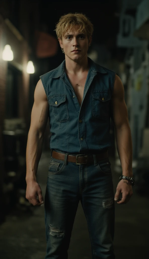 (Best quality, 8k, 32k, Masterpiece, UHD:1.2) To transform the setting of the image to the bar scene from the Deadpool and Wolverine movie, describe a gritty, dimly-lit bar that exudes a rough, edgy atmosphere. The room is small, with scuffed wooden floors and walls covered in faded posters and graffiti. A long, weathered bar stretches across one side, lined with mismatched stools. Behind the bar, dusty shelves hold an assortment of bottles, some half-empty, others collecting dust. The lighting is low, with flickering neon signs casting an eerie, reddish glow over the room. The air is thick with the scent of stale beer and cigarette smoke, creating an oppressive atmosphere. Tables are scattered haphazardly, some occupied by half-empty glasses and discarded playing cards. The overall vibe is one of tension, a place where deals are made, and old grudges are settled. In the corner, an old jukebox plays a melancholic tune, its sound slightly distorted by age. The bar has an undeniable sense of history, a place where many have passed through, leaving behind stories of battles, betrayals, and camaraderie. The scene is tinged with a sense of impending violence, as if the bar itself has witnessed more than its fair share of bloodshed.