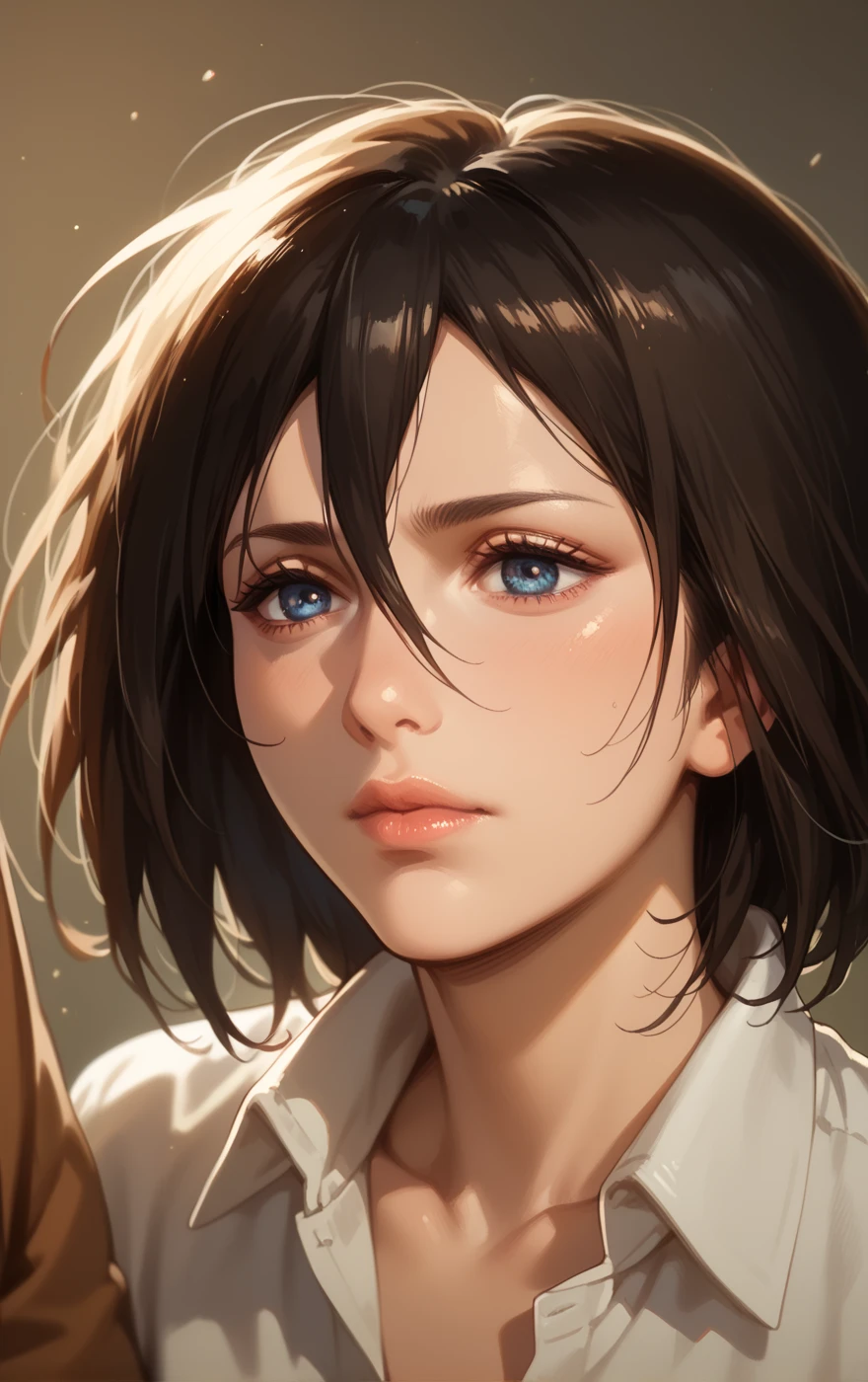 Mikasa from Shingeki no Kiojin posing in front of the camera with a menacing but tender look at the same time her full lips stand out 