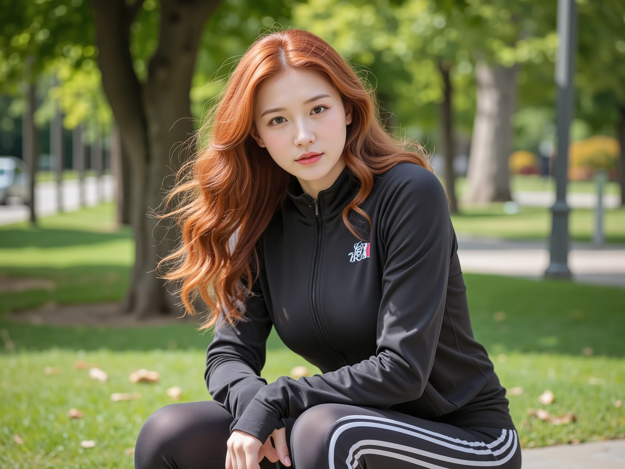 generates a beautiful woman looking tender and with soft features on her face , Redhead, with long curly hair with big breasts and big legs that is hyperrealistic, Wearing training clothes in the park at noon