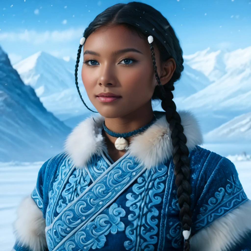 high resolution photo full-body of a beautiful woman, 1girl, (Katara from Avatar: The Last Airbender), (photorealistic:1.4), (hyper-detailed full-body), cinematic lighting, (anime-inspired realism), (waterbender tools: intricately detailed tea cup, waterbending artifacts), ((North Pole home, snow-covered mountains, winter elements, icy weather, snowflakes in the air)), (artwork by Artgerm, hyper-realistic:1.4), (photorealistic details with perfect lighting, lens flare, enhanced texture), (detailed collar, perfectly highlighted in fur and fabric), ((blue eyes:1.4)), Asian facial features, defined cheekbones, (natural makeup:0.8), (dark skin:1.6), ((almond-shaped eyes, Asian-inspired features with vibrant blue color)), (braids in the front, long braid in the back, flawless hair detail), (oval face, highly detailed, symmetrical facial structure, seductive yet gentle expression), (full peach-shaped breasts, heart-shaped buttocks), ((thick thighs:1.2)), ((large hips, full figure)), (cleavage visible, refined and elegant), (tea ceremony setting, sitting calmly, traditional water tribe decor), (highly detailed snow-covered background:1.2, mountains in the distance, frosty windows), (masterpiece artwork:1.4), (high-definition quality, realistic textures, stunning details in clothing and accessories), (perfect body symmetry and anatomy, perfect fingers, hands, feet, legs, fully detailed), (cinematic 3-point lighting setup, amazing color contrast), (full-body, realistic depth of field, soft bokeh), (natural makeup:0.8), (wide-angle camera angle, 24mm lens, excellent composition), (tribal Water Tribe attire, fur-lined dress with intricate patterns), (excellent rendering).