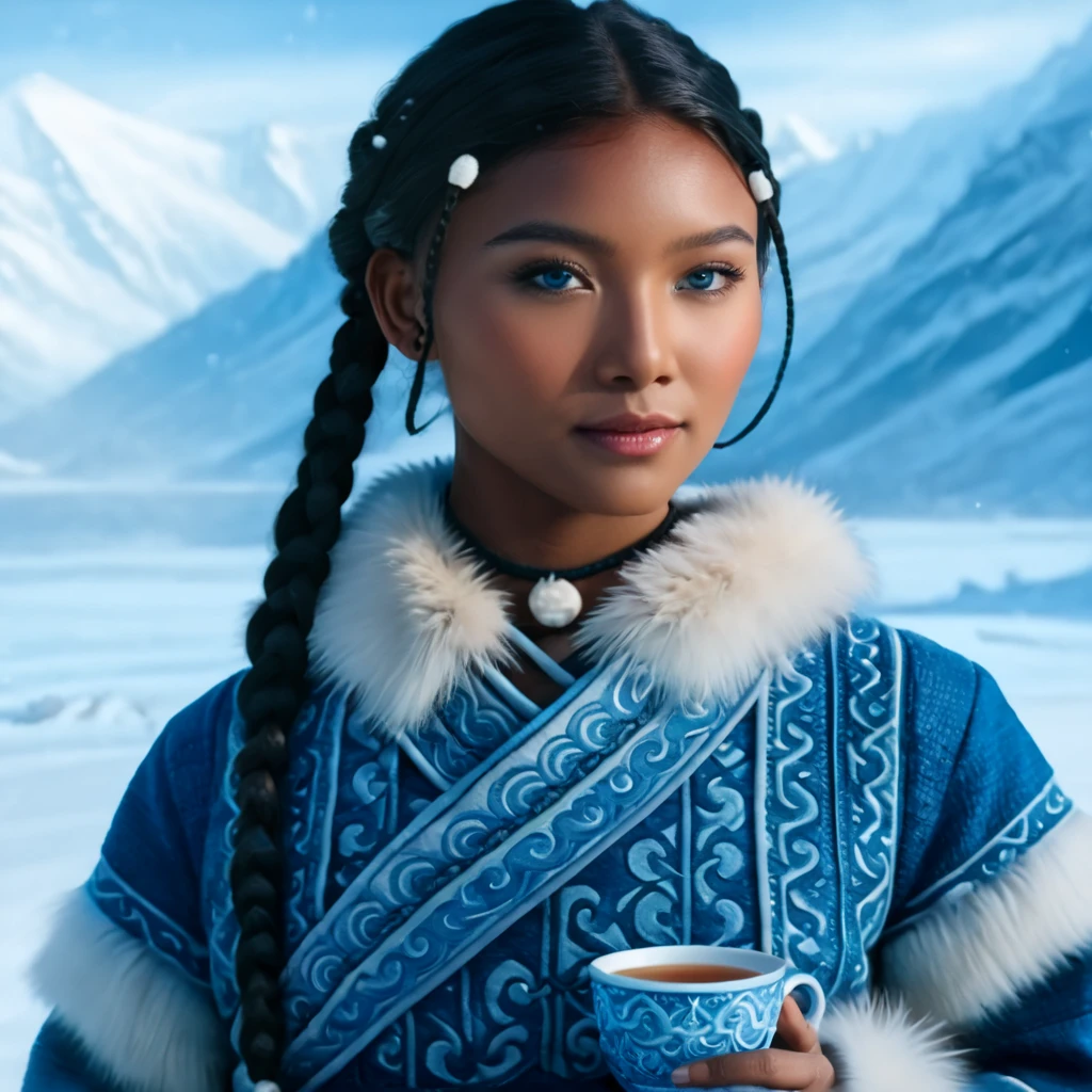 high resolution photo full-body of a beautiful woman, 1girl, (Katara from Avatar: The Last Airbender), (photorealistic:1.4), (hyper-detailed full-body), cinematic lighting, (anime-inspired realism), (waterbender tools: intricately detailed tea cup, waterbending artifacts), ((North Pole home, snow-covered mountains, winter elements, icy weather, snowflakes in the air)), (artwork by Artgerm, hyper-realistic:1.4), (photorealistic details with perfect lighting, lens flare, enhanced texture), (detailed collar, perfectly highlighted in fur and fabric), ((blue eyes:1.4)), Asian facial features, defined cheekbones, (natural makeup:0.8), (dark skin:1.6), ((almond-shaped eyes, Asian-inspired features with vibrant blue color)), (braids in the front, long braid in the back, flawless hair detail), (oval face, highly detailed, symmetrical facial structure, seductive yet gentle expression), (full peach-shaped breasts, heart-shaped buttocks), ((thick thighs:1.2)), ((large hips, full figure)), (cleavage visible, refined and elegant), (tea ceremony setting, sitting calmly, traditional water tribe decor), (highly detailed snow-covered background:1.2, mountains in the distance, frosty windows), (masterpiece artwork:1.4), (high-definition quality, realistic textures, stunning details in clothing and accessories), (perfect body symmetry and anatomy, perfect fingers, hands, feet, legs, fully detailed), (cinematic 3-point lighting setup, amazing color contrast), (full-body, realistic depth of field, soft bokeh), (natural makeup:0.8), (wide-angle camera angle, 24mm lens, excellent composition), (tribal Water Tribe attire, fur-lined dress with intricate patterns), (excellent rendering).