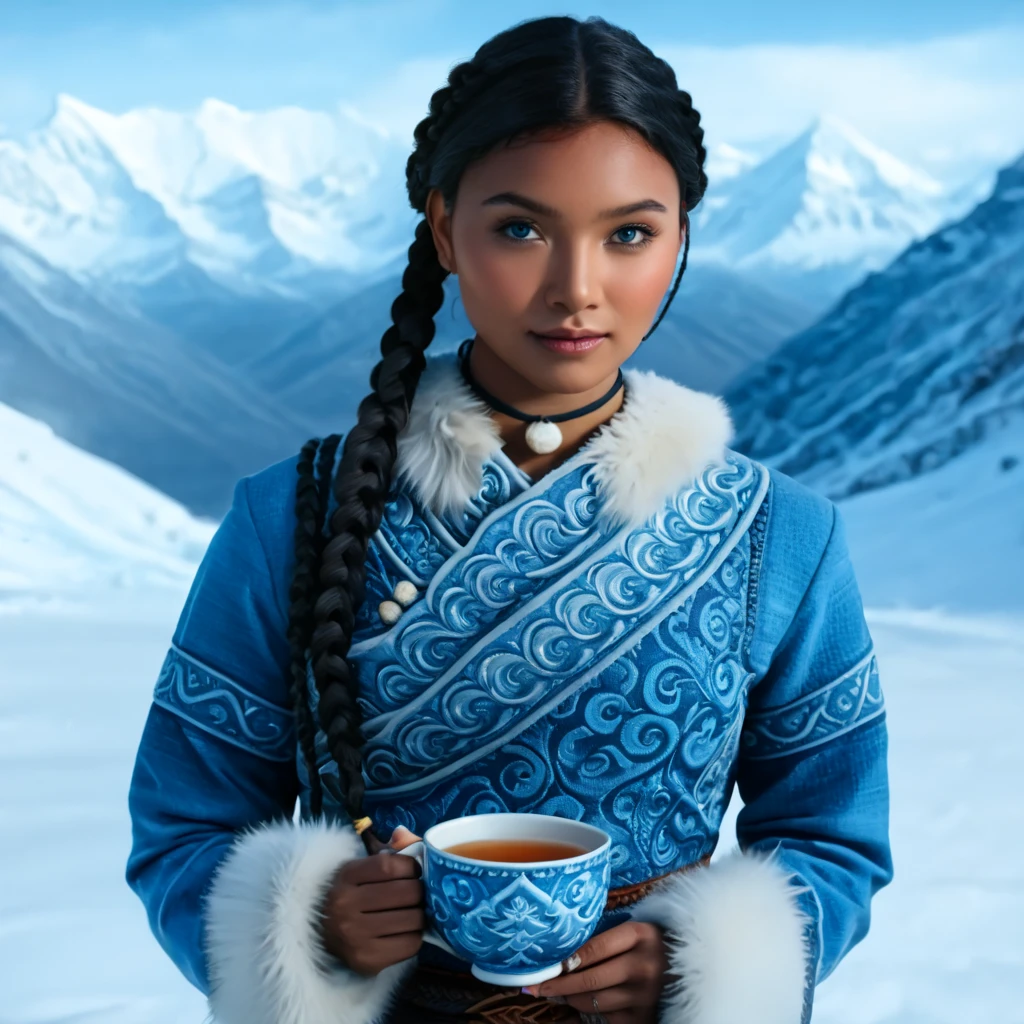 high resolution photo full-body of a beautiful woman, 1girl, (Katara from Avatar: The Last Airbender), (photorealistic:1.4), (hyper-detailed full-body), cinematic lighting, (anime-inspired realism), (waterbender tools: intricately detailed tea cup, waterbending artifacts), ((North Pole home, snow-covered mountains, winter elements, icy weather, snowflakes in the air)), (artwork by Artgerm, hyper-realistic:1.4), (photorealistic details with perfect lighting, lens flare, enhanced texture), (detailed collar, perfectly highlighted in fur and fabric), ((blue eyes:1.4)), Asian facial features, defined cheekbones, (natural makeup:0.8), (dark skin:1.6), ((almond-shaped eyes, Asian-inspired features with vibrant blue color)), (braids in the front, long braid in the back, flawless hair detail), (oval face, highly detailed, symmetrical facial structure, seductive yet gentle expression), (full peach-shaped breasts, heart-shaped buttocks), ((thick thighs:1.2)), ((large hips, full figure)), (cleavage visible, refined and elegant), (tea ceremony setting, sitting calmly, traditional water tribe decor), (highly detailed snow-covered background:1.2, mountains in the distance, frosty windows), (masterpiece artwork:1.4), (high-definition quality, realistic textures, stunning details in clothing and accessories), (perfect body symmetry and anatomy, perfect fingers, hands, feet, legs, fully detailed), (cinematic 3-point lighting setup, amazing color contrast), (full-body, realistic depth of field, soft bokeh), (natural makeup:0.8), (wide-angle camera angle, 24mm lens, excellent composition), (tribal Water Tribe attire, fur-lined dress with intricate patterns), (excellent rendering).