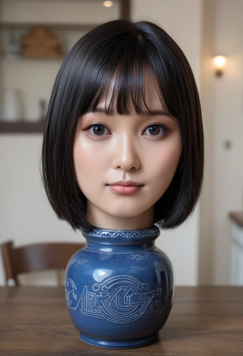 score_9, score_8_up, score_7_up, rating_safe, source_real, high resolution photograph, photo realistic, masterpiece, best quality, amazing quality, very aesthetic, absurdres, newest, intricate details, extremely detailed, professional lighting, 1girl, solo focus, (disembodied head of a young Japanese woman in a (dark blue ceramic vase) on the table:1.2), face focus, close-up of her head, short bob cut black hair with blunt bangs, detailed face, detailed black eyes, sophisticated nose, view from front, looking at the viewer, outdoors, daylight, tomak,