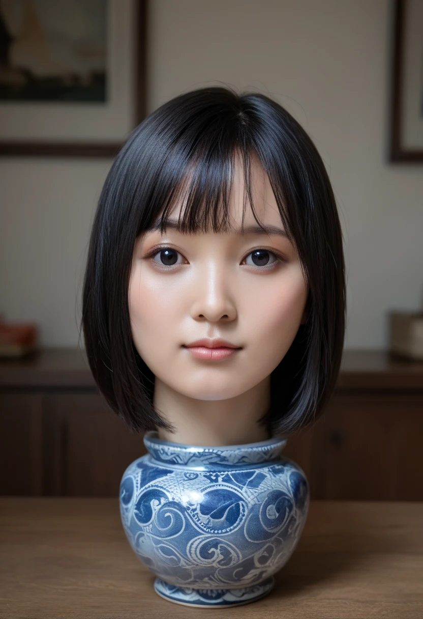 score_9, score_8_up, score_7_up, rating_safe, source_real, high resolution photograph, photo realistic, masterpiece, best quality, amazing quality, very aesthetic, absurdres, newest, intricate details, extremely detailed, professional lighting, 1girl, solo focus, (disembodied head of a young Japanese woman in a (dark blue ceramic vase) on the table:1.2), face focus, close-up of her head, short bob cut black hair with blunt bangs, detailed face, detailed black eyes, sophisticated nose, view from front, looking at the viewer, outdoors, daylight, tomak,