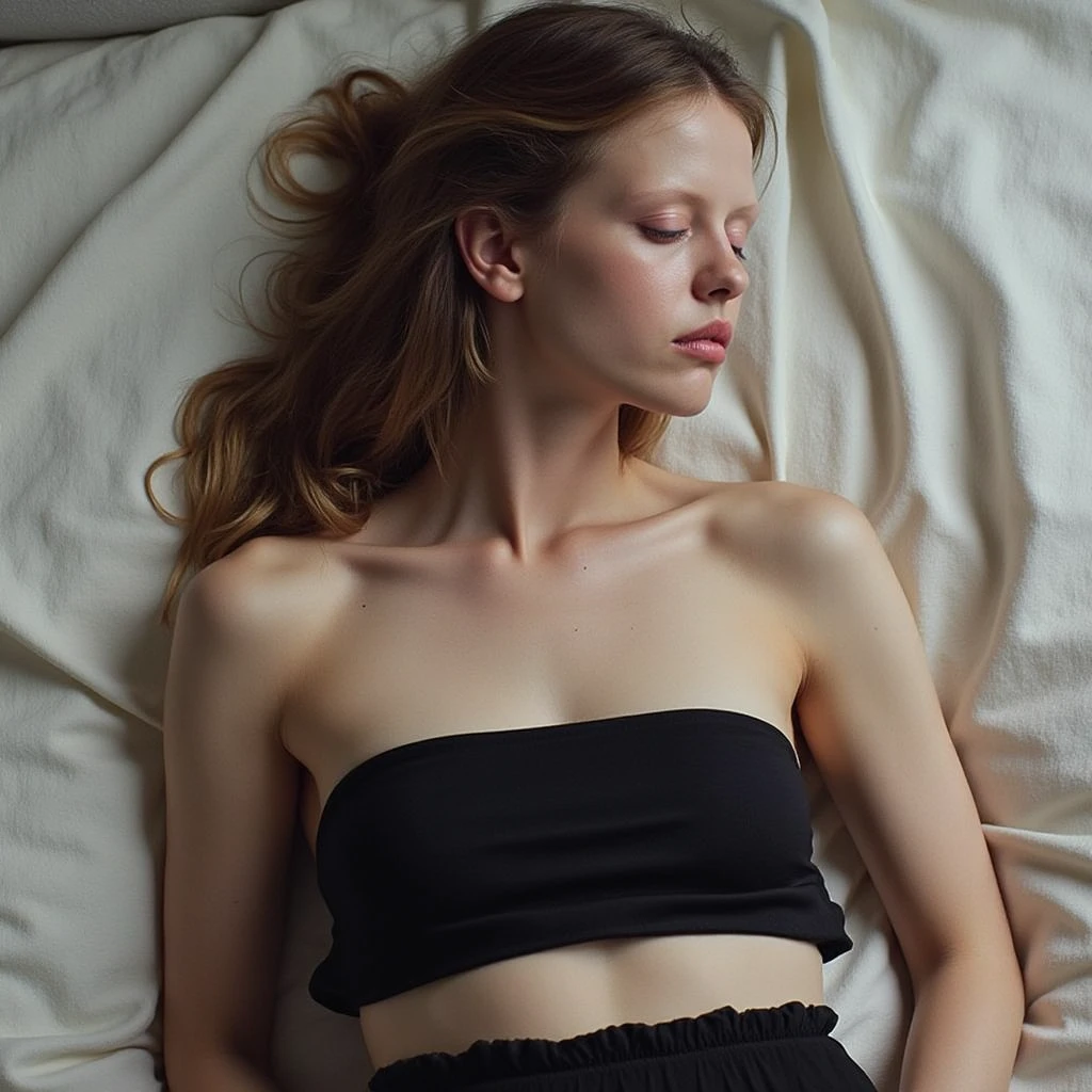 extremely anorexic skinny girl, marked ribs, naked lying on a bed spread legs, blonde hair, blue eyes