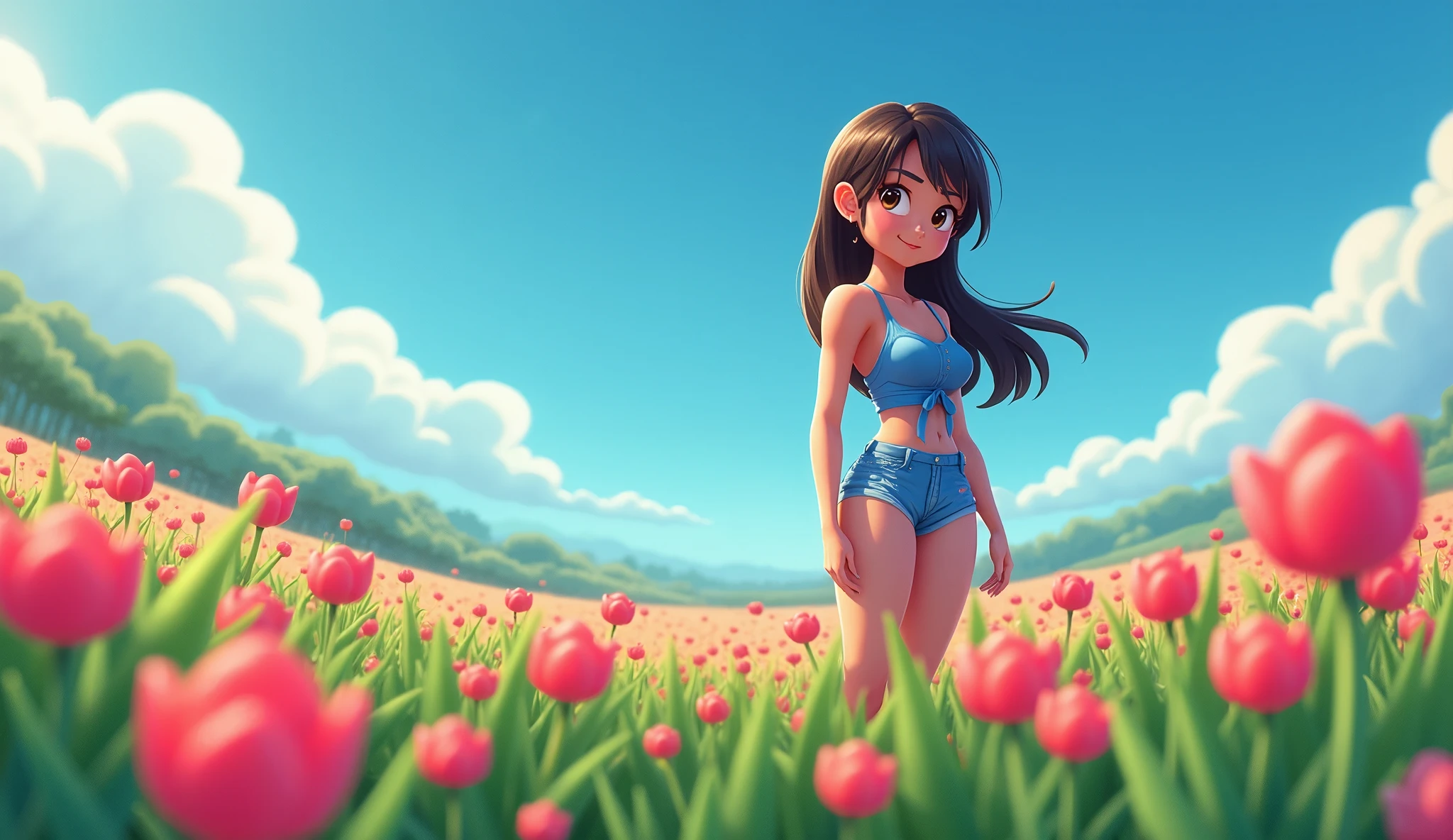 Girl, Black hair,pink hair strand, short hair, 8k resolution, detailed image,realistic body, ultra realistic quality, high quality image, light reflection, shadow, leg pants, bare breasts exposed,full body, (open field! pink and blue flowers bright green grass, sunlight) easy expression Smiling, realistic, breasts, thighs, standing, with hand on breast.