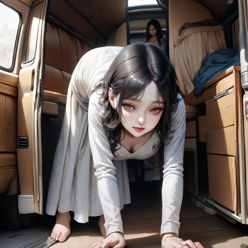 High resolution, Highest quality, super high quality, Ultra-detailed, Cinematic lighting、living room、Swimsuit、、Embarrassing、Sweaty、Sweat、Eyes from below、Girl seen from the floor、Low angle、 See through、
