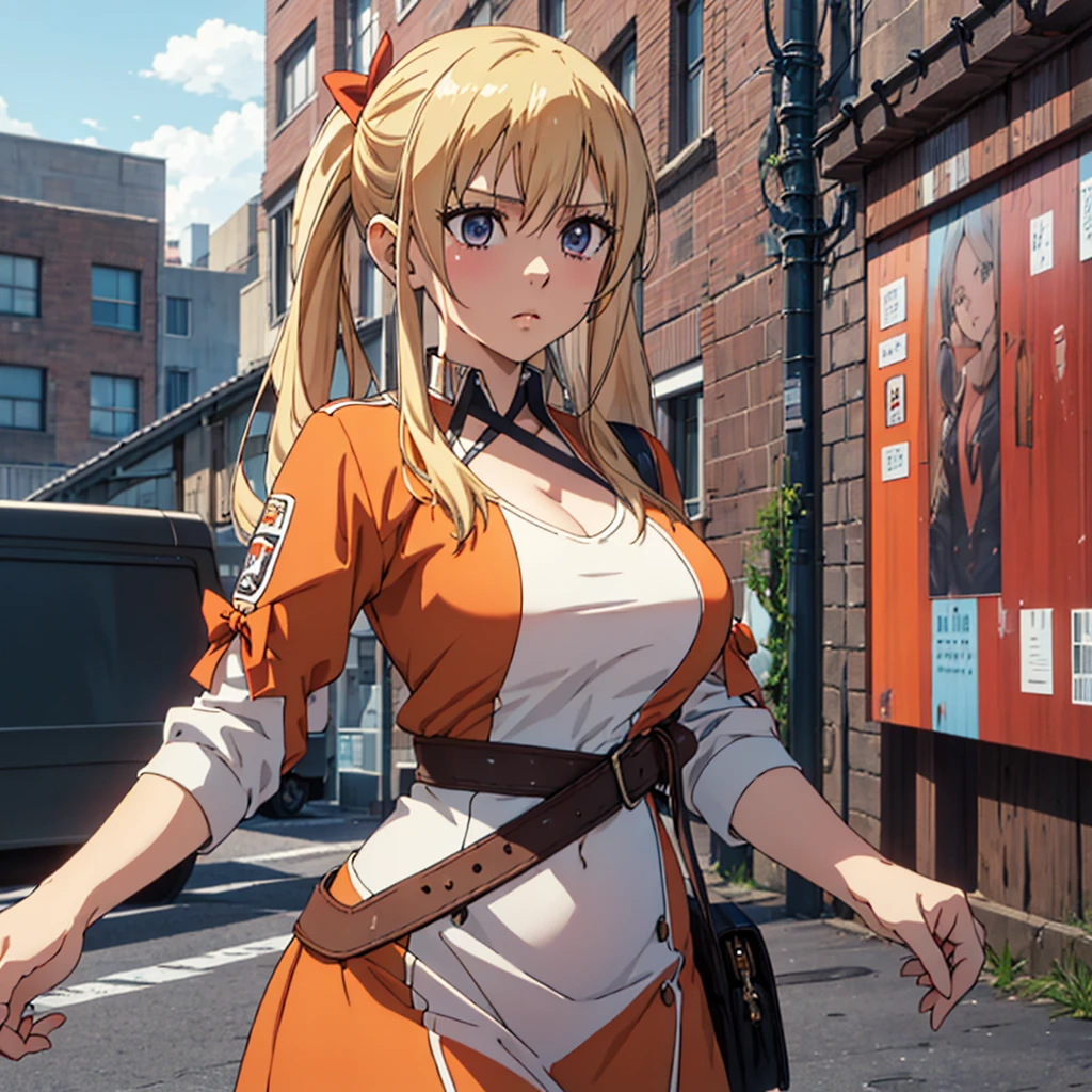 ((masterpiece,best quality)), highres, extremely detailed 8K wallpaper, depth_of_field, cowboy shot, solo, 1girl, saeki sayaka yagatekimininaru, long hair, (blonde color hair), blue eyes, bow, big breasts, wide hips, thights, street, orange shirt, side twintail,