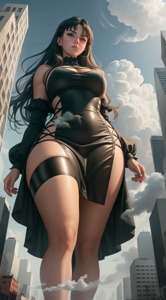 "A towering Giantess in a cool and laid-back hippie style no top and no pants. Her toned and athletic build hints at her massive strength. She seems to be casually strolling through the bustling cityscape of GTS City, as towering buildings loom overhead. Smoke and clouds roil around her, adding to the sense of epic scale and drama. The lighting is dark, gloomy, and realistic, creating a tense and ominous atmosphere. The perspective is from below, emphasizing the sheer majesty and power of the Giantess." (( Nude)) ((Boobs show))) Achieve a Masterpiece with an 8K, Ultra High Resolution, Ultra High Definition, full body image of a transcendentally beautiful woman, embodying the epitome of a water goddess. From a perspective drawing below, capturing a horizon shot, her legs artfully spread. no dress the delicate skirt harmonizes with her ethereal presence.

Perching atop her head is a high, glossy ponytail, while her Alluring face, worthy of supermodels, 