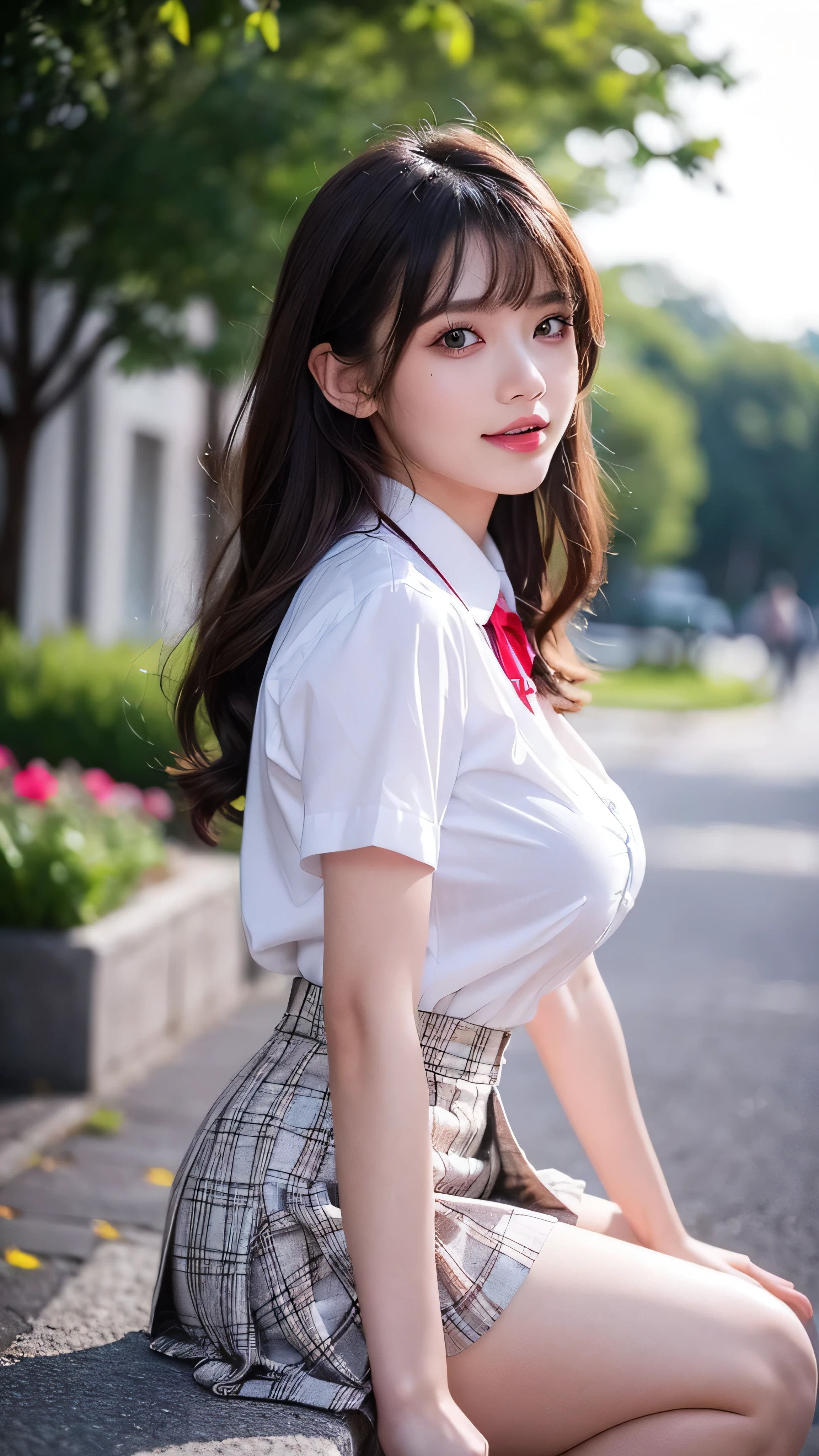 nsfw, 8K raw photo, Best quality, masterpiece, ultra high res, film grain, filmg, 1girl, looking at viewer, natural skin texture, realistic eye and face details, full lips, lipstick, (makeup), red eyeshadow, fluffy short hair, messy hair, smile, close mouth, beautiful legs, tall female, skinny, slim_legs, solo, enormous breast, cleavage, Pose with buttocks facing you, ultra short skirt, ass, shirt, beautiful nature location, around flower location, (detailed background), plaid skirt, white shirt, enormous breast, cleavage, Show a little cleavage through the shirt, loafers, blurry background, blurry, holding, plaid, short sleeves, jk ribbon on the neck, jk ribbon, brown hair, bracelet, water, bangs, school uniform, jewelry, parted lips, lips, from side, pleated skirt, depth of field