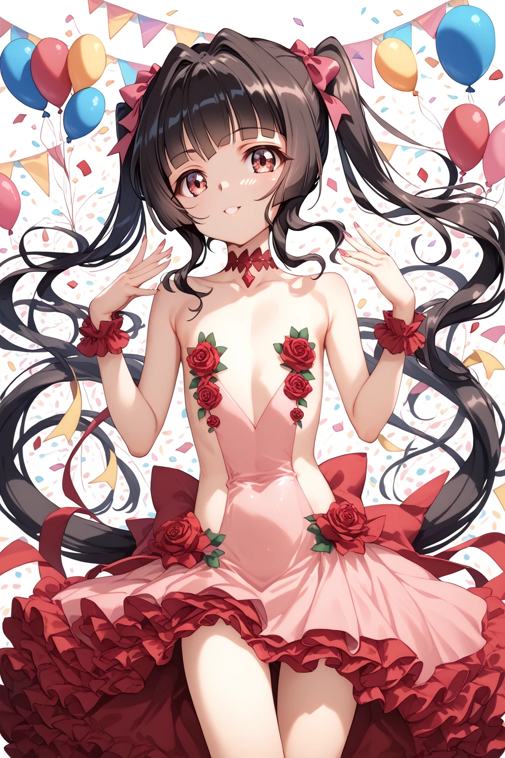 (pov Swimwear style) (beautiful body), (solo:2, 15 yo, curly:1.3 black hair long hair cute girl, cute red eyes, ecstasy smile, love mode, medium tits), (in a one piece Ruffled dress bikini swimsuit, Layered Pareo), break, in the Swimsuit changing room, background Double Exposure love hearts, BREAK, perfect anatomy, masterpiece, best quality, 16k, beautiful detailed love, sexy, daydreaming expression.