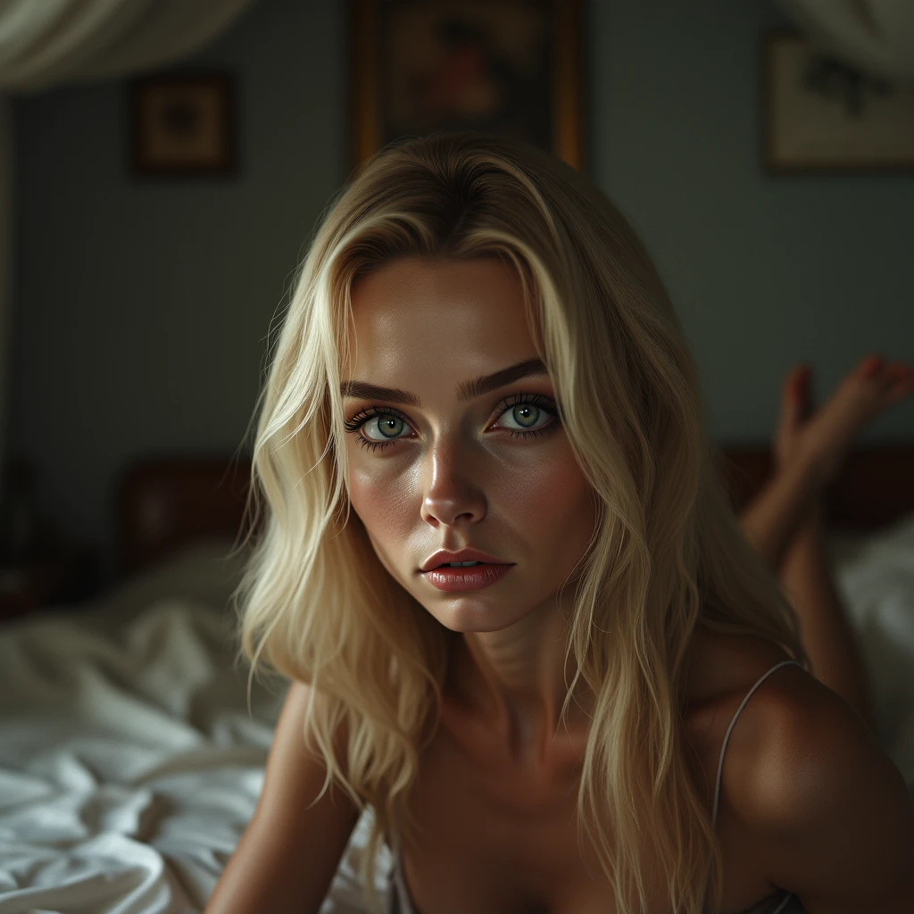 masterpiece, Best Quality, 8k, full body, 1 innocent and slim Russian Scandinavian teenager, with pale and smooth skin, silver blonde hair, messy hair, flat chest, real skin, beautiful skin, beautiful face, natural lighting, blue eyes, pink lips parted, soaked skin, flat chest. full-body, full_body, laying on the bed, opening your legs, dressed in a green skirt and a white top, posing sexy