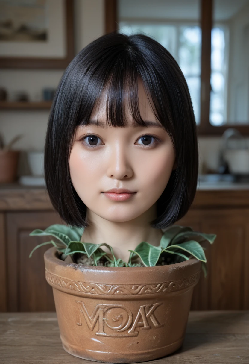 score_9, score_8_up, score_7_up, rating_safe, source_real, high resolution photograph, photo realistic, masterpiece, best quality, amazing quality, very aesthetic, absurdres, newest, intricate details, extremely detailed, professional lighting, 1girl, solo focus, (disembodied head of a young Japanese woman in a (dark blue ceramic pot) on the table:1.2), face focus, close-up of her head, short bob cut black hair with blunt bangs, detailed face, detailed black eyes, sophisticated nose, view from front, looking at the viewer, outdoors, daylight, tomak,