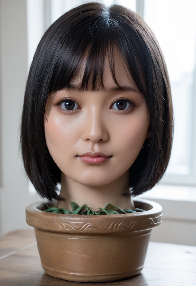 score_9, score_8_up, score_7_up, rating_safe, source_real, high resolution photograph, photo realistic, masterpiece, best quality, amazing quality, very aesthetic, absurdres, newest, intricate details, extremely detailed, professional lighting, 1girl, solo focus, (disembodied head of a young Japanese woman in a (dark blue ceramic pot) on the table:1.2), face focus, close-up of her head, short bob cut black hair with blunt bangs, detailed face, detailed black eyes, sophisticated nose, view from front, looking at the viewer, outdoors, daylight, tomak,