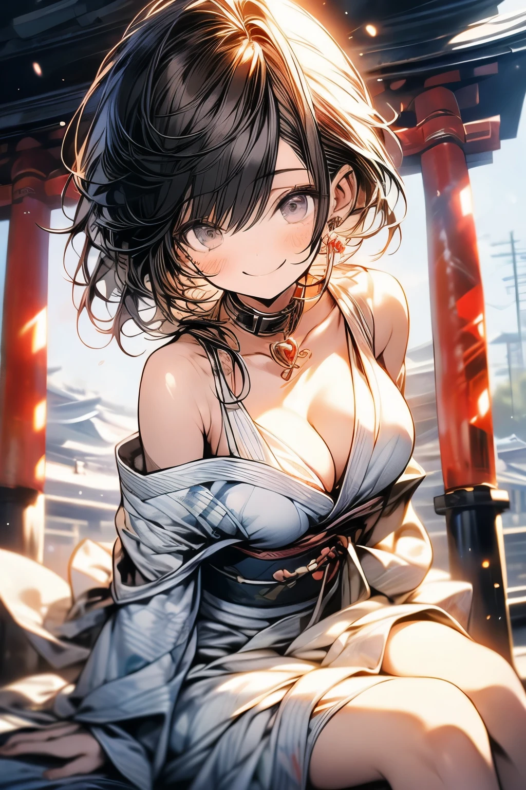 (masterpiece, best quality:1.2), (1girl, solo), 20years old, upper body, (kimono, undressing, white bikini bra), (brown short hair, brown eyes), demon horns on fire, smile, (sweat:1.2), gleaming skin, TheJapanese ancient capital, night sky, front view