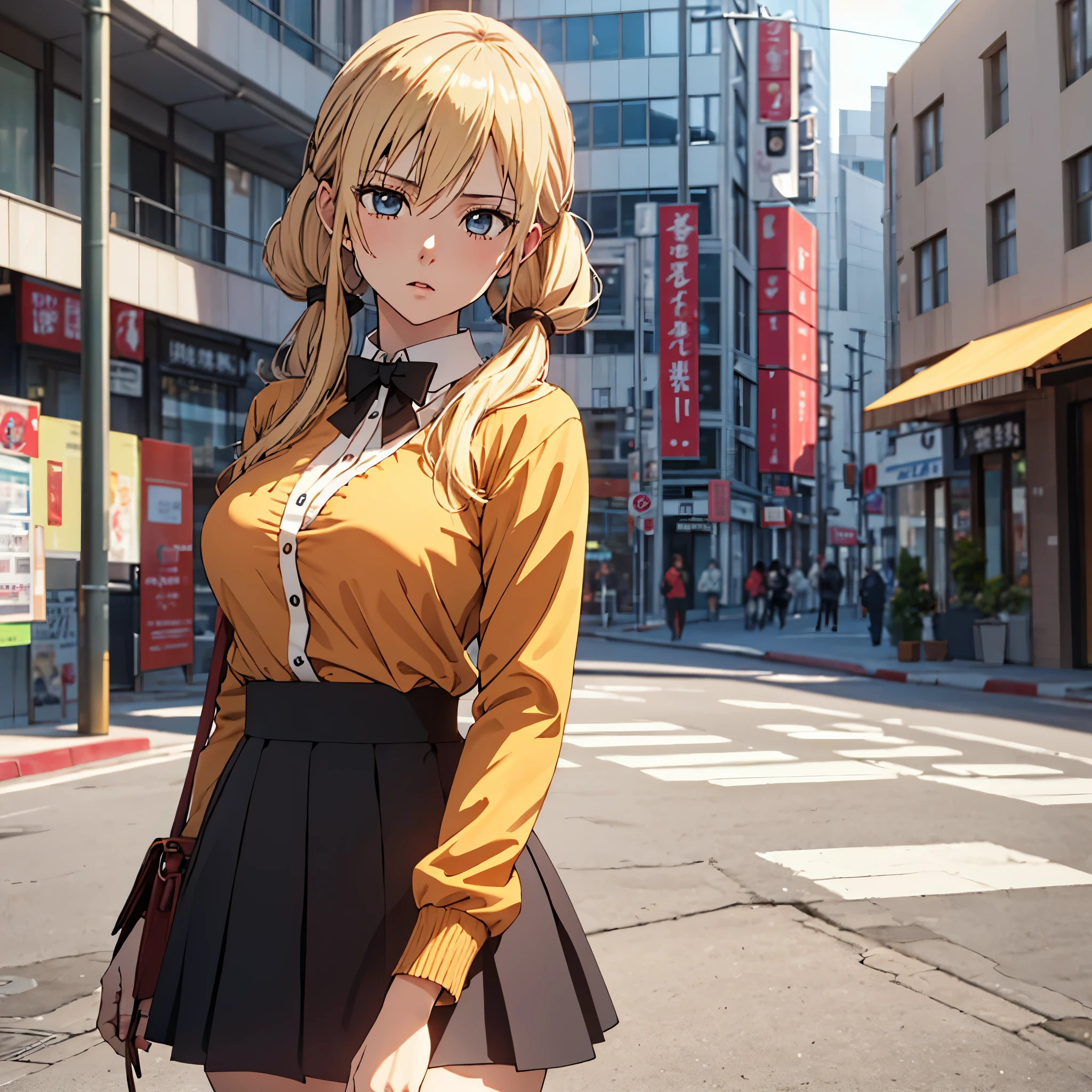 ((masterpiece,best quality)), highres, extremely detailed 8K wallpaper, depth_of_field, cowboy shot, solo, 1girl, saeki sayaka yagatekimininaru, long hair, (blonde color hair), blue eyes, bow, big breasts, wide hips, thights, street, orange shirt, side twintail,