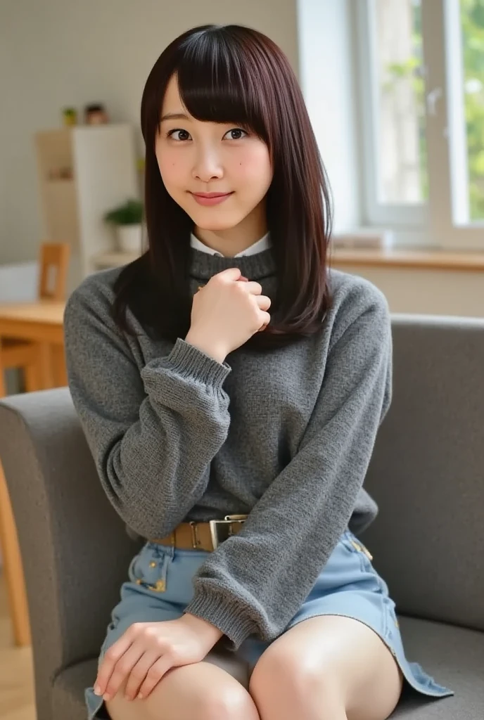 ( best quality ,Masterpiece:1.3, ultra high definition),( very detailed, caustics ,8k),( photorealistic:1.4,RAW shooting), in the room,( girl sitting on sofa),18 years old, cute, Japanese ,Natural brown medium length hair,Big Breasted , TURTLENECK SWEATER , miniskirt ,(smile), looking at camera,( The warm spring sun is shining),( front shot ), natural light