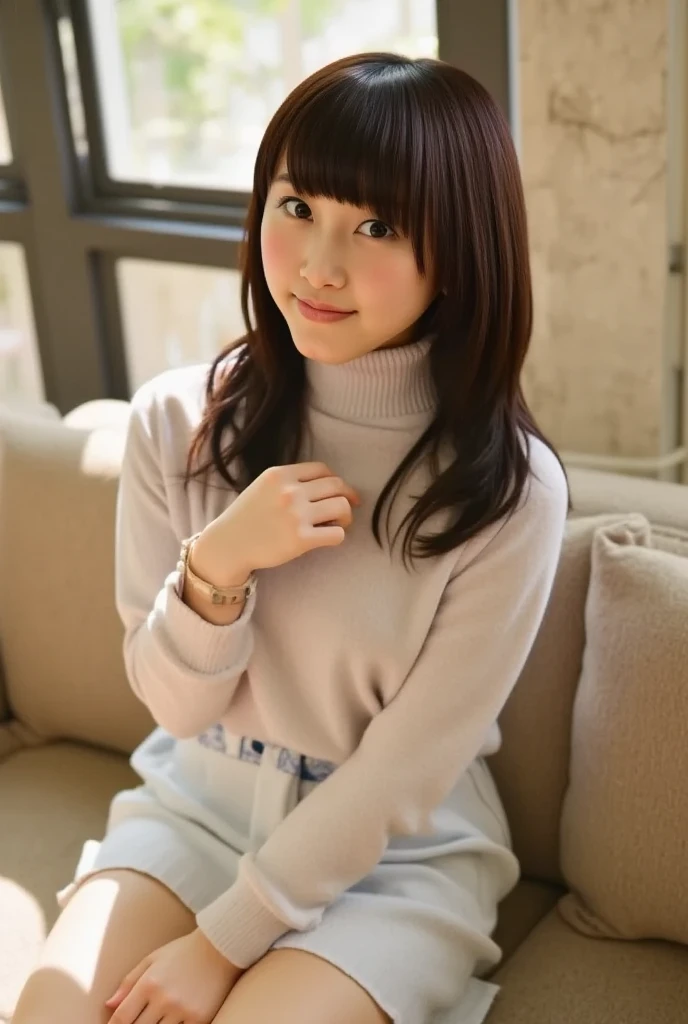 ( best quality ,Masterpiece:1.3, ultra high definition),( very detailed, caustics ,8k),( photorealistic:1.4,RAW shooting), in the room,( girl sitting on sofa),18 years old, cute, Japanese ,Natural brown medium length hair,Big Breasted , TURTLENECK SWEATER , miniskirt ,(smile), looking at camera,( The warm spring sun is shining),( front shot ), natural light