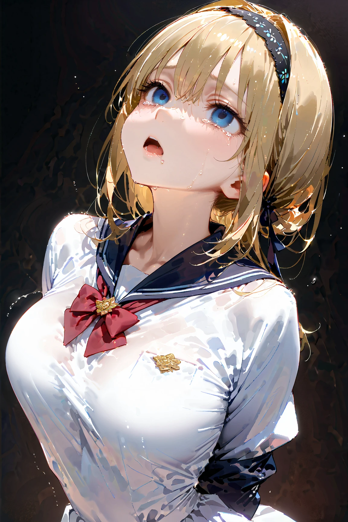 ((masterpiece)), ((best quality)), ((ultra-detailed)), (illustration), ((an extremely delicate and beautiful)), masterpiece, high quality, Draw a detailed face, blurred background, 4K, ultra-intricate pupil in eyes, shiny eyes, parted lips, kawaii, cute, , slender, (ultra delicate and beautiful skin), perfect anatomy, (masterpiece, best quality), (ultra-detailed 8K), (perfect design), highres, ((blush)), (super fine illustration), masterpiece, best quality, (amazing, blunt bangs), high resolution, cute face, masterpiece, best quality, extremely detailed, anime, beautiful girl, ((1girl)), long hair, ((nsfw)), ((full body)), ((blond hair)), ((twintails)), ((show off nipple)), ((sailor dress)), ((aquamarine eyes)), (elaborate crown)
