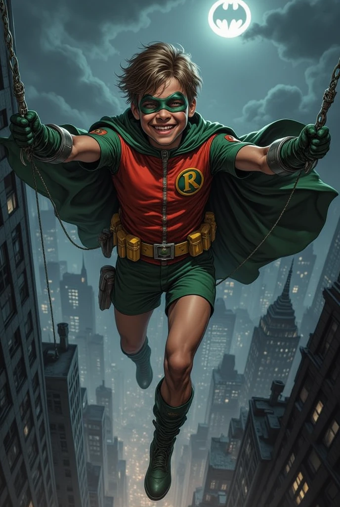 Robin, the DC comics superhero, whose real name is Dick Grayson, is jumping between buildings. He is thirteen years old. He is wearing the Robin costume, DC comics, a mask on his face, and a cape flying in the wind. Wavy hair due to hair loss. Acrobatic pose in the air. He has a happy expression on his face. He has one arm stretched upward, and one open hand with which he has just grabbed a rope to swing. The legs have a jumping posture, flowing in the air.The camera perspective is from below. The background is a sky with the Bat-Signal projected into the clouds. Some buildings can be seen.