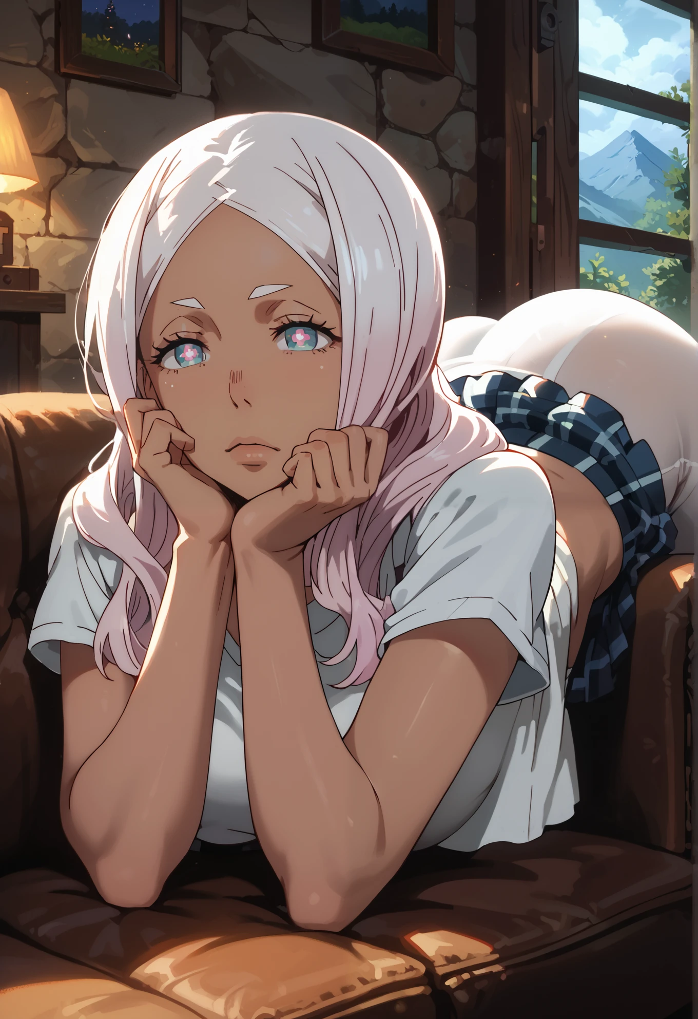 1girl, 4k, Hibana, dark skin, long hair, dark skin, symbol-shaped pupils, naturally sagging large breasts, crop top, checkered skirt, white pantyhose, BREAK, mountain cottage, lying on a couch, ass up, sexy pose, BREAK, night time, cinematic lighting,