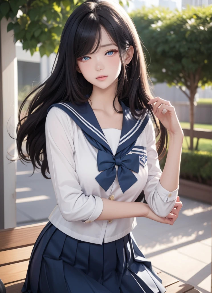 ((((highest quality))))、(((Ultra-precision CG16K wallpaper)))、(((masterpiece)))、(((Super detailed)))、(((super extreme details)))、((１Mature 24 year old woman:1.6))、((Very beautiful Japanese faceana Ashida:1.3))、((straight semi-long hair、blunt bangs:1.5))、(Shiny brown hair)、beautiful delicate eyes、brown eyes、high nose、small nostrils、small mouth、seductive lips、beautiful breasts、((C cup size breasts))、cleavage、plump body、perfect proportions、perfect anatomy、perfect composition、beautiful detailed shading、beautiful natural lighting、beautiful detail glow、Depth of the bounds written、(((High chroma)))、(((real:1.9)))、((vivid:1.5))、((beautiful skin))、((skin texture))、((realな皮膚感))、(((cowboy shot:1.6)))、((Front view、Front low angle:1.5))、((shy smile:1.5))、(The woman is facing this way:1.5)、Bright daylight、Natural light、(((Outdoor park:1.5)))、(standing pose:1.5)、(((White  wearing sailor uniform、Navy blue pleated miniskirt:1.6)))、((earrings、wearing necklace:1.3))、