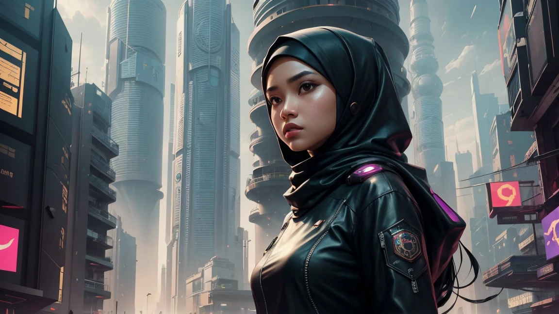 best quality, masterpiece, full body, a young beautiful woman wearing a hijab and abaya dress sitting on a futuristic chair with a futuristic desk, a realistic face, a long loose skirt, smiling, happy expression, lift arms, floating body, full plain white background, a beautiful face, high detail, 1girls with a laptop, brown eyes, slim body, covering hair with a hijab, long shot view, realistic body proportion, perfect body anatomy, cinematic lighting, cinematic view, dramatic lighting, full body shot, intricate, 2D illustration, The artwork should be centered, futuristic shoes, digital illustration, nice finger pose, position the character in the center of the image, plain background, empty background, no background, vivid color, <lora:mix4:0.5> <lora:sam_yang_offset_right_filesize:0.3>
