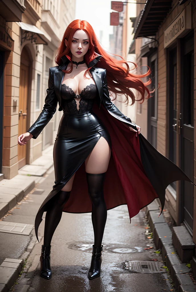 Emma Watson,  vampire girl,  very curly red hair, gothic clothes,  pantyhose,  high heels,  sun shiny day 