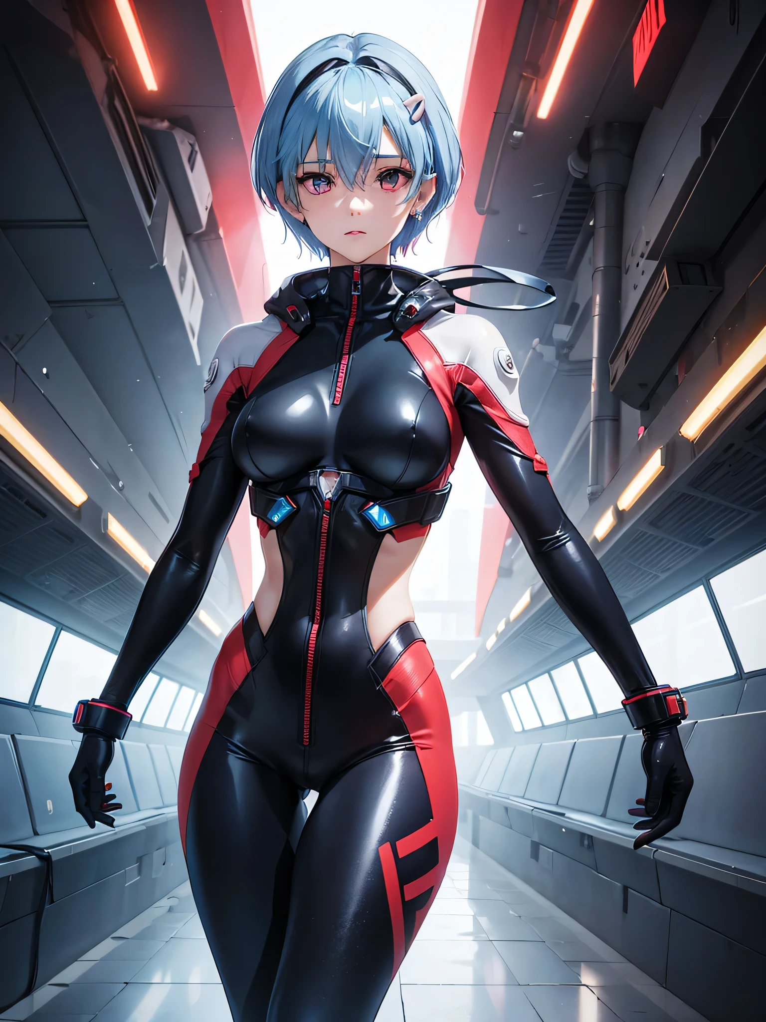 Highest quality High resolution Simple A cute girl cosplaying as Rei Ayanami in a pilot suit