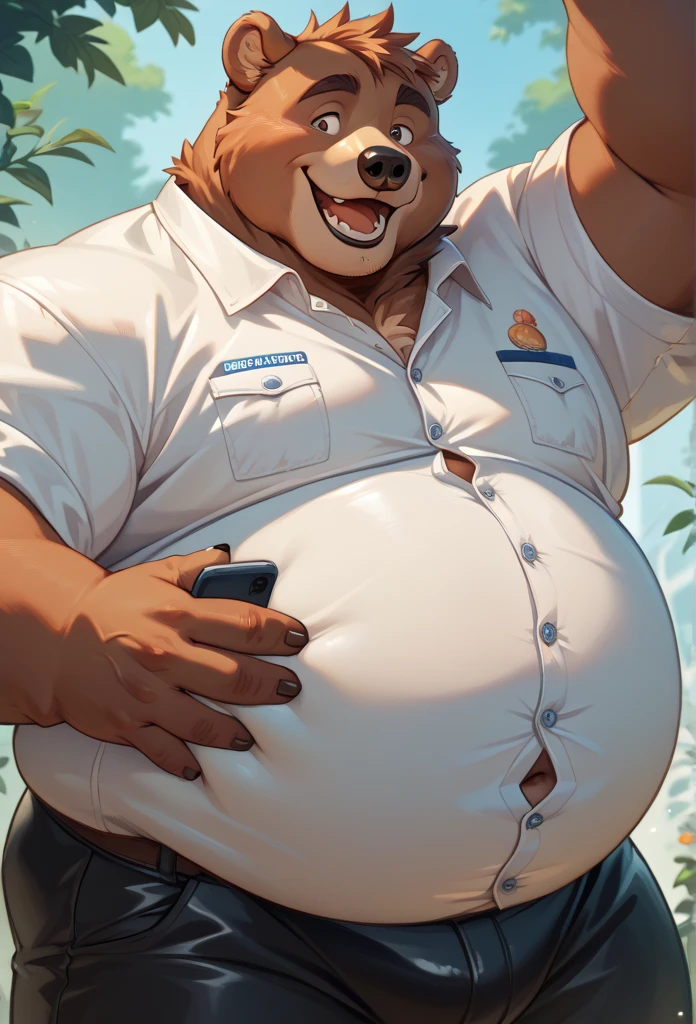 Furry bear,  is a extremely large, extremely obese man with a extremely huge inhunanly inflated belly and body, absolutely huge stomach, chubby cheeks, black trousers, white shirt, tight clothes, button pop, happy 