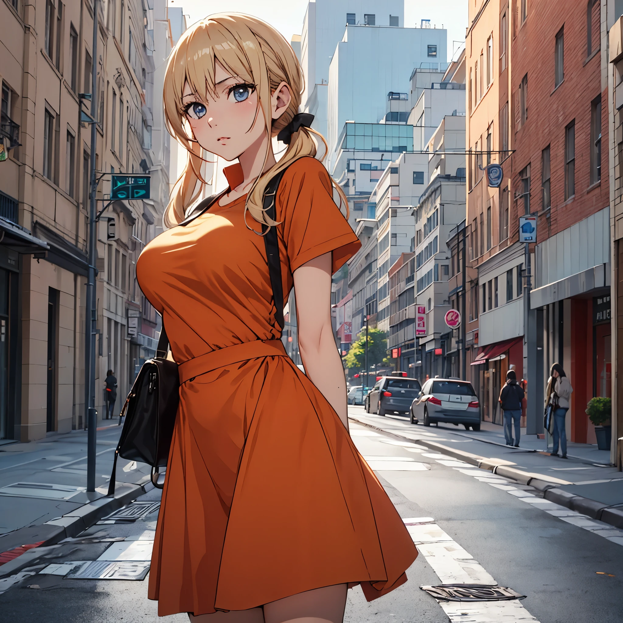 ((masterpiece,best quality)), highres, extremely detailed 8K wallpaper, depth_of_field, cowboy shot, solo, 1girl, saeki sayaka yagatekimininaru, long hair, (blonde color hair), blue eyes, bow, big breasts, wide hips, thights, street, orange shirt, side twintail,