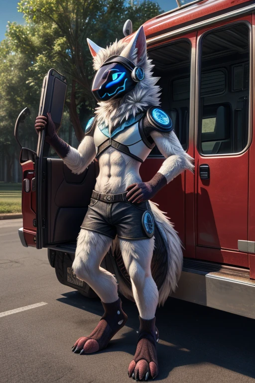 , (((Light blue fur protogen))) , big chest, day, sexy, sensual, detailed, uploaded to e621, beautiful and detailed portrait of an anthropomorphic Light blue fur protogen, (((male))) uploaded to e621, zaush, foxovh, movie lighting, , thicc, alone, muscles, muscular build, movie cover, movies poster, as a truck driver Driving a red (or blue) semi truck and wearing a red (or blue) cap driving on a highway