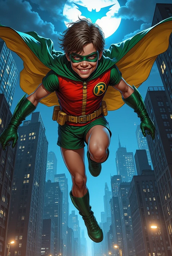 Robin, the DC comics superhero, whose real name is Dick Grayson, is falling between buildings. He is thirteen years old. He is wearing the Robin costume, DC comics, a mask on his face, and a cape flying in the wind. Wavy hair due to hair loss. Acrobatic pose in the air. He has a happy expression on his face. The legs have a jumping posture, flowing in the air. The camera perspective is from below. The background is a sky with the Bat-Signal projected into the clouds. Some buildings can be seen. It's night.