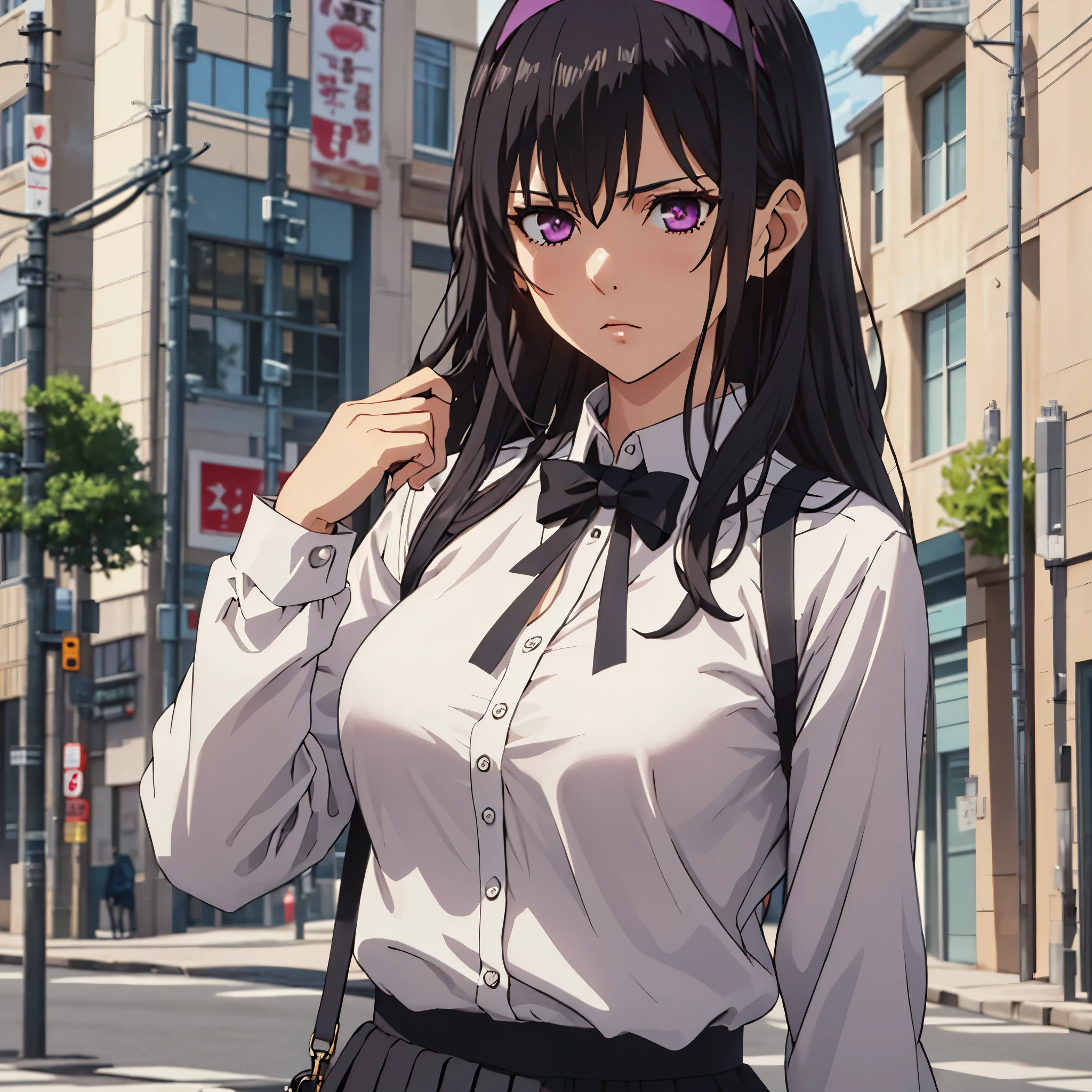 ((masterpiece,best quality)), highres, extremely detailed 8K wallpaper, depth_of_field, cowboy shot, solo, 1girl, saeki sayaka yagatekimininaru, long hair, (black color hair), sharp purple eyes, bow, big breasts, wide hips, thights, street, white blouse, black skirt, (plastic headband), serious,