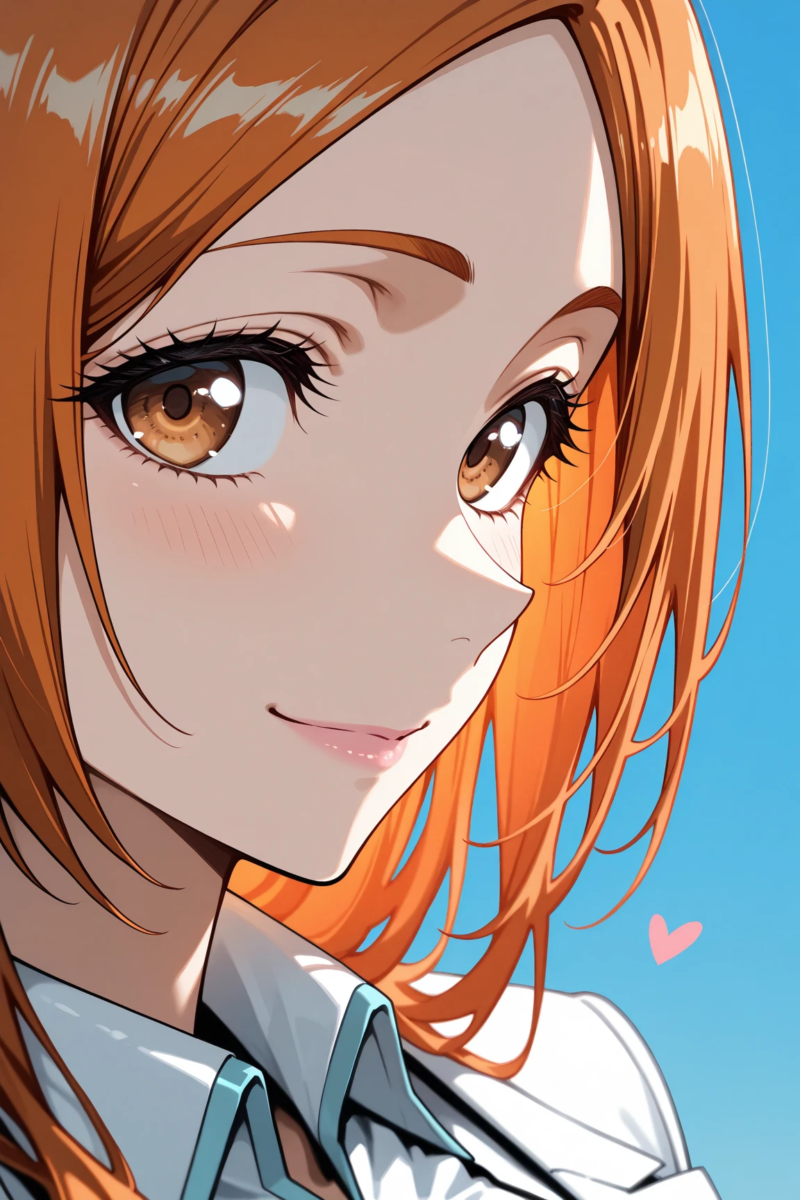 masterpiece, best quality, amazing quality, very aesthetic, absurdres, newest, scenery,highly detailed,high-resolution,close-up portrait,female,woman,inoue orihime,bleach,orange hair,long hair,brown eyes,fair skin,glossy texture,pink lips,white collared shirt,simple background,blue background,v sign,one hand,heart,focused subject,sharp focus,medium depth of field,slight smile,looking at viewer,from the side,clean lines,smooth lines,sharp,masterpiece, best quality, amazing quality, very aesthetic, absurdres, newest, scenery
