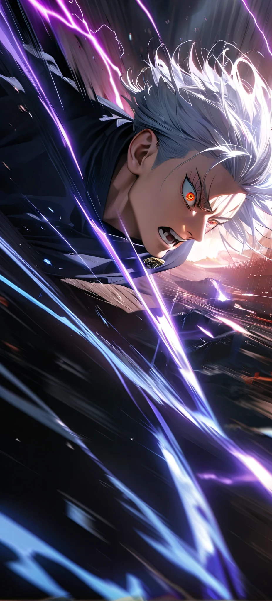 High quality, ultra realistic,absurdres, highres, ultra detailed, HDR, masterpiece, extremely detailed face and eyes, Gojo satoru , jujutsu kaisen,, white hair ,black shirt , solo, ,man, handsome, ,white eyeleshes , Epic fight scene, purple splashing effect,purple lightning effect,glowing glitters , Motion Blur, Backlighting, Speed Lines, Cinematic Lighting, Anime, Chaos,