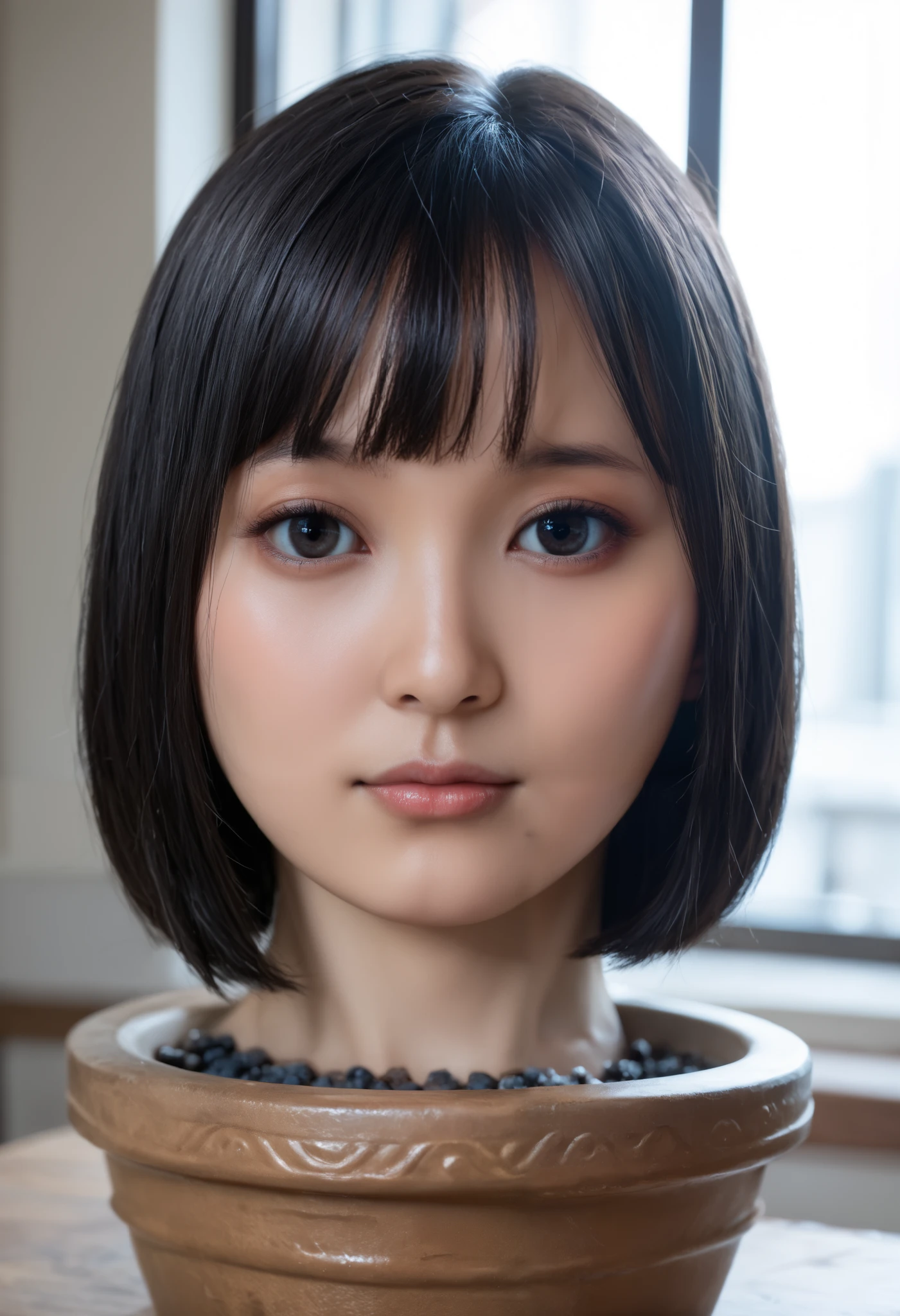 score_9, score_8_up, score_7_up, rating_safe, source_real, high resolution photograph, photo realistic, masterpiece, best quality, amazing quality, very aesthetic, absurdres, newest, intricate details, extremely detailed, professional lighting, 1girl, solo focus, (disembodied head of a young Japanese woman in a (dark blue ceramic pot) on the table:1.2), face focus, close-up of her head, short bob cut black hair with blunt bangs, detailed face, detailed black eyes, sophisticated nose, view from front, looking at the viewer, outdoors, daylight, tomak,