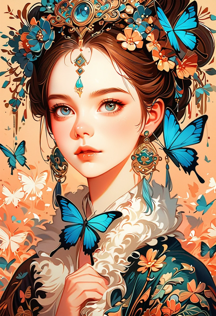 Butterfly motif、orange undertone、Vibrant colors、((masterpiece)))、(((top-quality)))、((ultra-detailliert))、(A hyper-realistic)、(highly detailed CGillustration)、Official art、Luxembourg in the early 20th century、Decadent、Madame Papillon、Cool Beauty、Masquerade、refinement、Elegance、Gorgeous、Colorful and detailed mask design、matchless beauty、Fans、gorgeous dress、jewely、Female Solo、Perfect Angle、perfect-composition