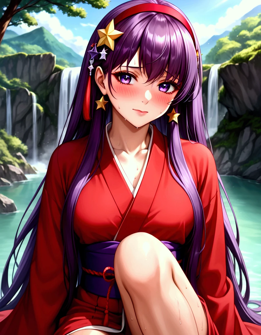  1girl , Let,  very detailed beautiful girl ,  very detailed face ,  Perfect Face,  towards the viewer The nose is accurately formed ,Expressive lips, (Very thin hair), ( Long Hair , purple hair),  red headband, Star-shaped hair ornament, blush, embarrassed face,  very detailed skin,  white and red kimono , Long-sleeved kimono,,  wearing clogs,  falls apart, sweat, ( , Legs are visible , dynamic), csal_scenery, (( Japanese shrines , Domestic)), ( Movie Scene , best quality  ,  high definition , Detailed hair,  beautiful detail,  very detailed CG), (8k,  best quality  : 1.2),  high definition and beautiful