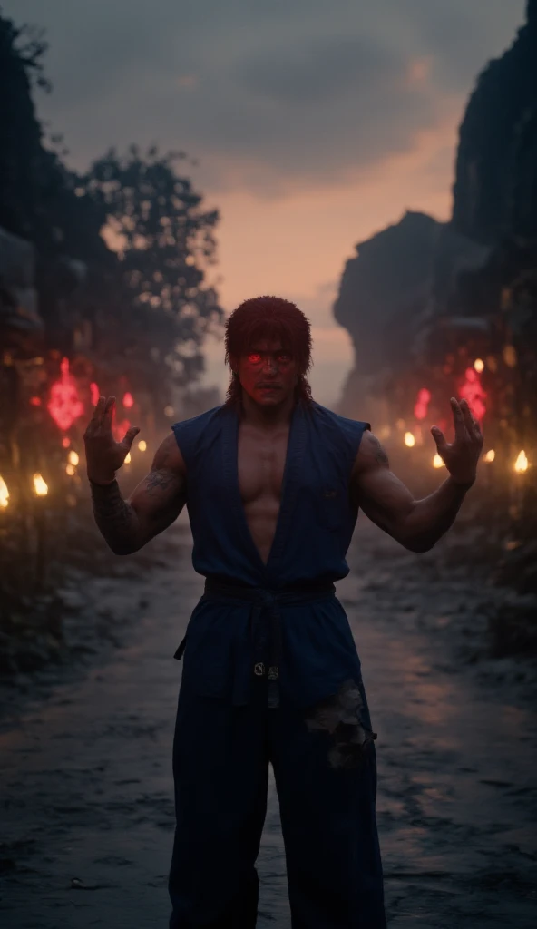 (best quality, 128k,highres,masterpiece:1.2),ultra-detailed,(realistic,photorealistic,photo-realistic:1.37), ((masterpiece)) ((photography)) ((Highest quality))  A hyper-realistic depiction of Akuma from Street Fighter in a secluded mountain temple at twilight. Akuma stands tall, dark red hair his muscular frame wrapped in a dark Blue gi that’s torn at the sleeves, his face adorned with a fierce expression. His long, spiked hair and tattooed chest reflect his mastery of the dark arts. His glowing red eyes pierce the darkness, and his hands are raised in preparation for his next devastating move. The temple around him is ancient, with crumbling stone and flickering torches casting an eerie light across the scene. His demonic aura pulses around him, adding to the atmosphere of intense power and malevolent energy.