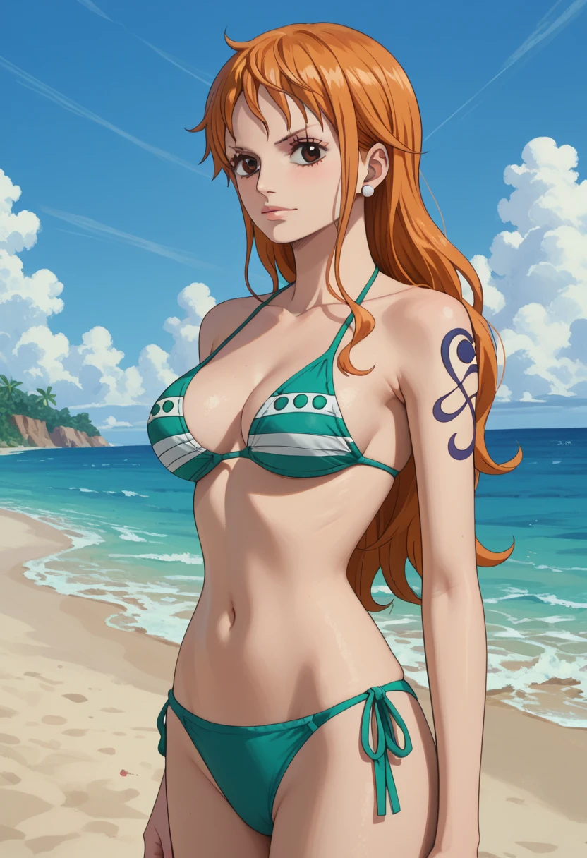masterpiece, best quality), intricate details, 1 girl, woman, orange hair, nami \ (one piece\), (long hair), female focus, clothes, wearing swimsuit, nature, scenery, upper body, ((front view)) ((close up shot)) ((solo)), detailed, very high resolution, no blurry image, full body, orange eyes, sligh wavy hair, ((nami from one piece)) ((female nami from one piece))