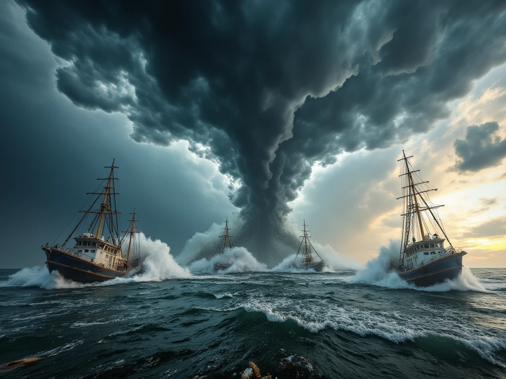 Please create a dramatic scene of a large tornado forming over a stormy ocean. The sky is filled with dark clouds and lightning, illuminating the chaos. Fishing boats in the foreground are being destroyed by giant waves and the tornado's forceful winds. Some boats are capsizing, breaking apart, and scattering debris across the water. The overall atmosphere should convey a sense of danger and destruction, with the ocean reflecting the dark, ominous sky. Depth Of Field, Chiaroscuro, God Rays